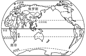 金砖国家包括俄罗斯.中国.印度.巴西和南非五个国家.金砖国家引用了巴西.俄罗斯.中国.和南非的英文首字母.由于该词与英语单词的砖类似.因此被称为“金砖五国 .读“金砖五国位置示意图 .回答小列问题.1.穿过中国的纬线是：A. 北极圈 B. 南极圈 C. 北回归线 D. 南回归线2.穿过巴西的纬线有：A. 赤道和北回归线 B. 南回归线和北回归线C 题目和参考答案